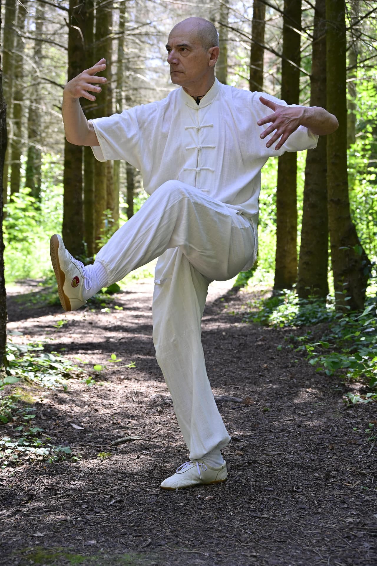 Il M° Antonio Gentile in equilibrio nel bosco in divisa bianca